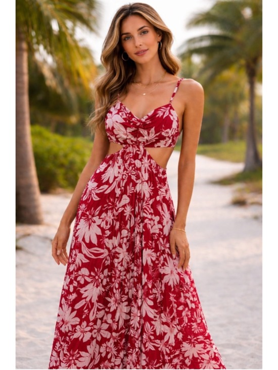 Fab'rik Dresses & Skirts - Women's Fab'rik Red White Floral Cutout Maxi Dress L